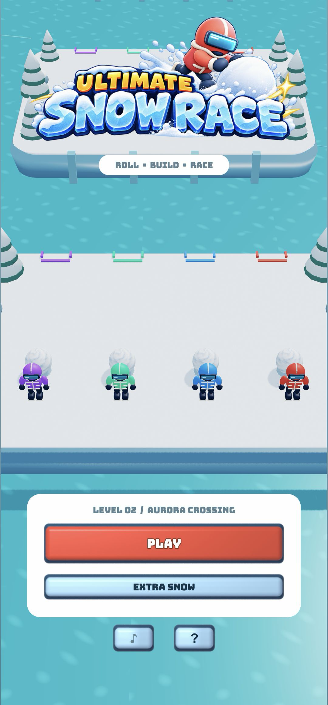 Actual Ultimate Snow Race game showing four winter racers on a snowy island